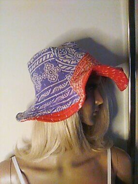 Kantha Sun Hat Blue Peach S/M Reversible Bucket Hat Handmade Cotton Boho KS3.